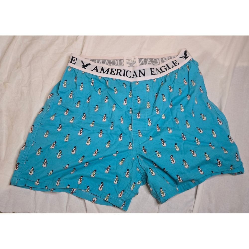 American Eagle Mens Snowman Print Boxers Blue Cotton Holiday Small Christmas